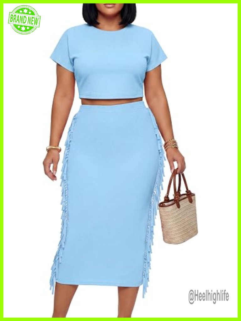 Crew Neck Fringe Crop Top And Tassel Trim Bodycon Midi Skirt Set